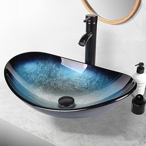 ZealWe Aufsatzwaschbecken Waschbecken Glas Waschtisch, Oval Hand Waschschale mit Wasserhahn Set, Waschplätze für Badezimmer Küche Gäste WC, Modern Blau, 53 x 35 x 16 cm von ZealWe