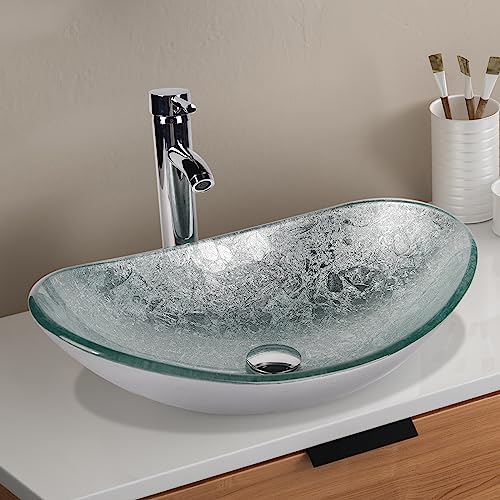 ZealWe Aufsatzwaschbecken Waschbecken Glas Waschtisch, Oval Hand Waschschale mit Wasserhahn Set, Waschplätze für Badezimmer Küche Gäste WC, Modern Silber, 53 x 35 x 16 cm von ZealWe