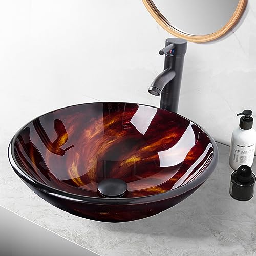 ZealWe Aufsatzwaschbecken Waschbecken Glas Waschtisch, Rund Hand Waschschale mit Wasserhahn Set, Waschplätze für Badezimmer Küche Gäste WC, Modern, Rot Braun, 42x 42 x 14 cm von ZealWe