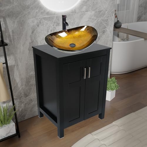 ZealWe Badmöbel Set 2-teilig Waschbecken mit Unterschrank Schwarz, komplettprogramme für Badezimmer Hochschrank mit Waschbeckenunterschrank, Badezimmermöbel Set Badezimmerschrank, Schwarz Gelb von ZealWe