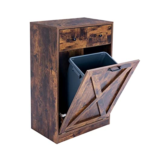 Zedesey Kippbarer Müllschrank mit 2 Schubladen, Holz, versteckter Küchen-Recyclingschrank, freistehend, haustiersicher, Mülleimer, Wäscheschrank für Küche, Wohnzimmer, Esszimmer, rustikales Braun von Zedesey