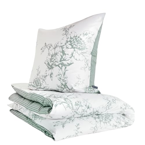 Zeitgeist Cholet Bettwäsche 135x200 cm - 100% Baumwolle, Reißverschluss, 2tlg Bettwäsche Set Blumen grün weiß von Zeitgeist