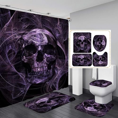 Totenkopf Duschvorhang Set Halloween Duschvorhang Set Skull Totenkopf Duschvorhang Skelett Wasserdichter Stoff, Badezimmer-Dekor-Set Mit Haken,4pcs Toilettendeckelabdeckung Badematte (A7,90x180 CM) von Zelbuck