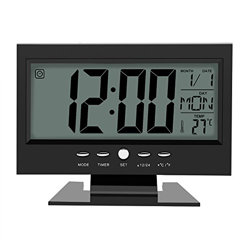 LCD Display Digital Sound Sensor Tisch Schreibtisch Wecker mit Smart Nachtlicht und Snooze Zeit/Datum/Temperaturanzeige(Schwarz) von Zerodis