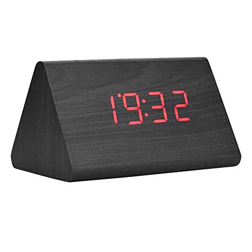 LED Digital Wecker, Holz Uhr für Schlafzimmer Modern Holz Dreieck Uhr 3 Stufen Helligkeit Temperaturanzeige mit Sprachsteuerung(Schwarzes Holz) von Zerone