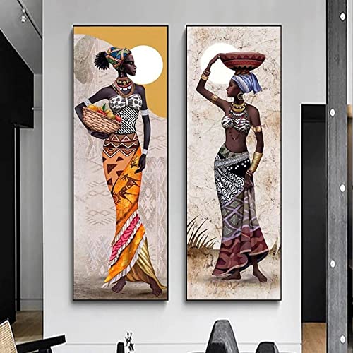 Großes Portrait Afrikanische Frauen Leinwand Gemälde Hängende Poster und Drucke Wandkunst Bilder Wohnzimmer Wohnkultur 60 x 180 cm (24 x 71 Zoll) x 2 mit Rahmen von Zhadongli Art