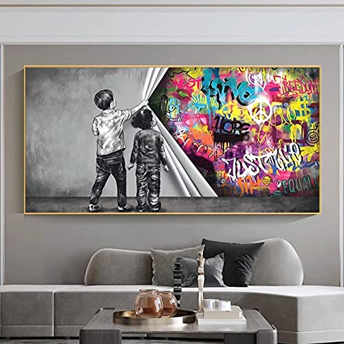 Banksy Art Graffiti Leinwand Gemälde hinter dem Vorhang Drucke Wandkunst Bilder Goldrahmen Wandkunst für Wohnzimmer 76x183cm/30x72in Goldrahmen von Zhaoyang Art