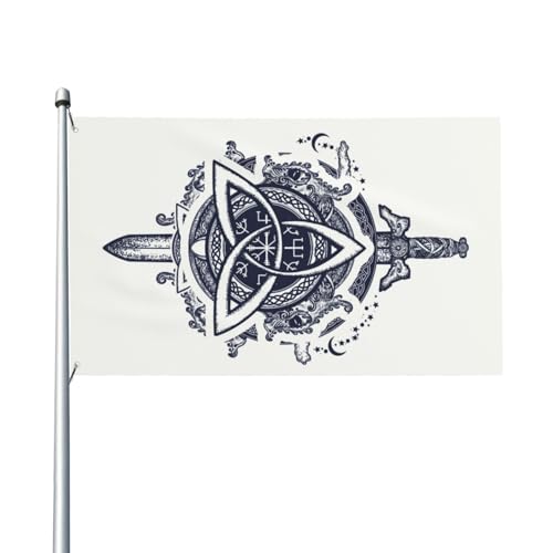 90 x 60 cm (3 x 2 Fuß) Keltische Drachen Schwert Symbol Wikinger Helm Flagge für Haus Rasen hängende Dekoration Hofbanner Urlaub Willkommen Flaggen mit 2 Metallösen, für drinnen und draußen von Zhimahou