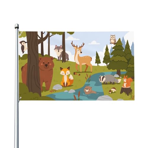 Waldtier-Sommer-Fuchs-Wolf-Flagge für Haus, Rasen, hängende Dekoration, Hof-Banner, Urlaub, Willkommensflaggen mit 2 Metallösen, für drinnen und draußen, 150 x 90 cm von Zhimahou