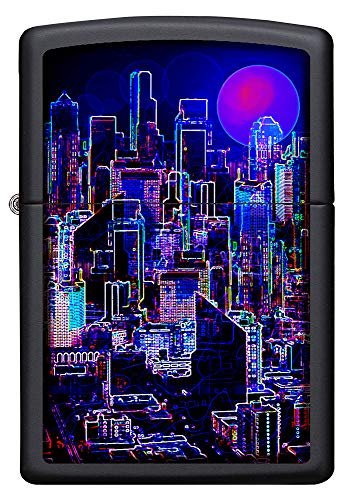 ZIPPO – Sturmfeuerzeug, Cyberpunk Skyline, Color Image, Black Matte, nachfüllbar, in hochwertiger Geschenkbox von Zippo