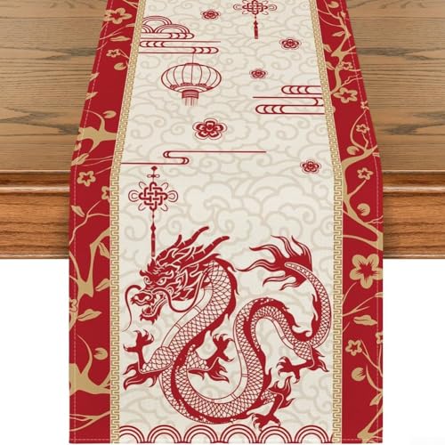 Lebendiger Tischläufer, Drachen-Design "Happy New Year", aus gesponnenem Polyester, geeignet für den täglichen Gebrauch und besondere Anlässe (Tischläufer B) von Zoegneer