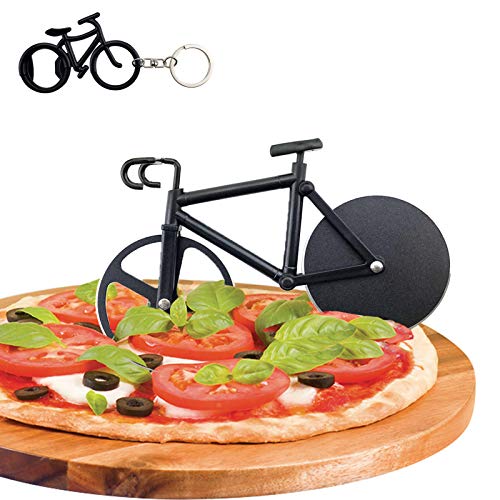 Fahrrad Pizzaschneider, Antihaftbeschichteter Edelstahl Pizza Schneider Lustiger Pizzaroller, Doppel Pizza Cutter mit Scharfem Schneiderad & Ständer für Weihnachten Party Geschenke, Schwarz von Zonyee