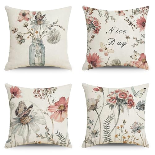 4er Set Kissenbezüge 45x45cm Dekorative Kissenbezüge Soft Baumwolle Linen Kissenhülle Zierkissenbezüge für Sofa Schlafzimmer Wohnzimmer Auto Zuhause mit unsichtbarem Reißverschluß Blume 18x18in von Zuoyun