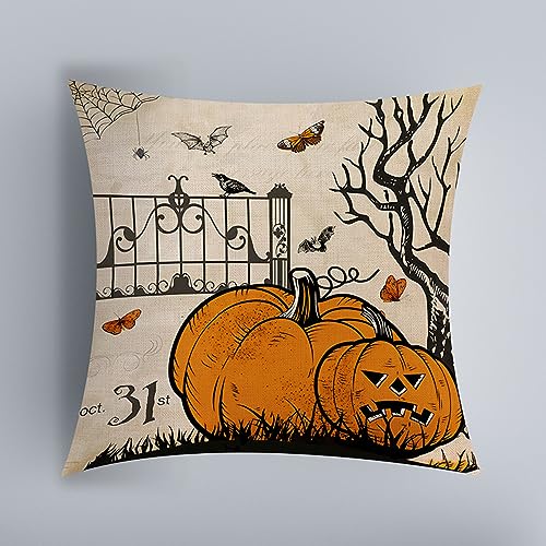 Kissenbezug 50X50Beige Kürbis Halloweenkissenbezüge Kissenhülle Baumwolle Leinen Werfen Sie ，Sofa Schlafzimmer Couch Outdoor Kissenbezug ，Reißverschluss, Superweicher von Zweig