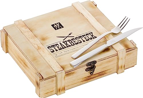 ZWILLING Steakbesteck Set für 6 Personen, 12-teilig, 6 Steakmesser und 6 Steakgabeln, Inkl. Holz-Aufbewahrungskiste, Rostfreier Edelstahl / Holz von ZWILLING