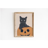 Schwarze Katze Sitzend Im Kürbis Kunstdruck, Wanddekoration, Halloween-Dekor, Gruselige Jahreszeit von abategraphics