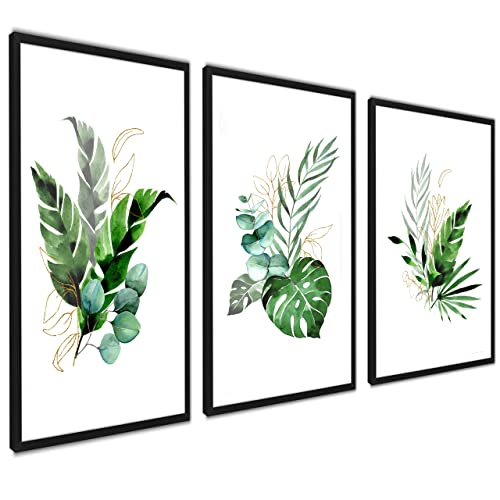 ag.art deco Natur Stilvolle Botanik Poster Set | 3 Stück 30x40cm MIT RAHMEN schwarz | Monstera Pflanzen Grün Wanddeko Wohnzimmer Schlafzimmer von ag.art deco