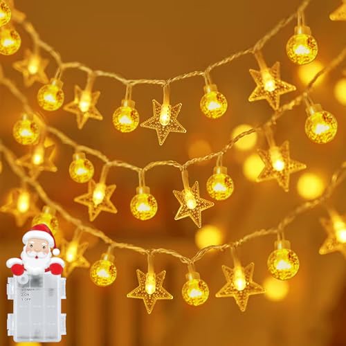 Lichterkette Außen Batterie, aifulo 6M 40 LED Sterne Kugel Lichterkette mit Timer (6 Stunden AN | 18 Stunden AUS), IP65 Wasserdicht Warmweiß Lichterkette Weihnachten für Schlafzimmer, Party, Hochzeit von aifulo