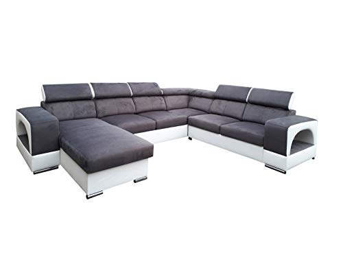 All4All Ecksofa mit Schlaffunktion Rodrigo Pano Sofa mit Bettkasten XXL Sofa Wohnlandschaft U-Form Groß Schlafsofa mit Wellenfedernkern verstellbare Kopfstützen Modern Grau Weiß 19 (Links) von All4All