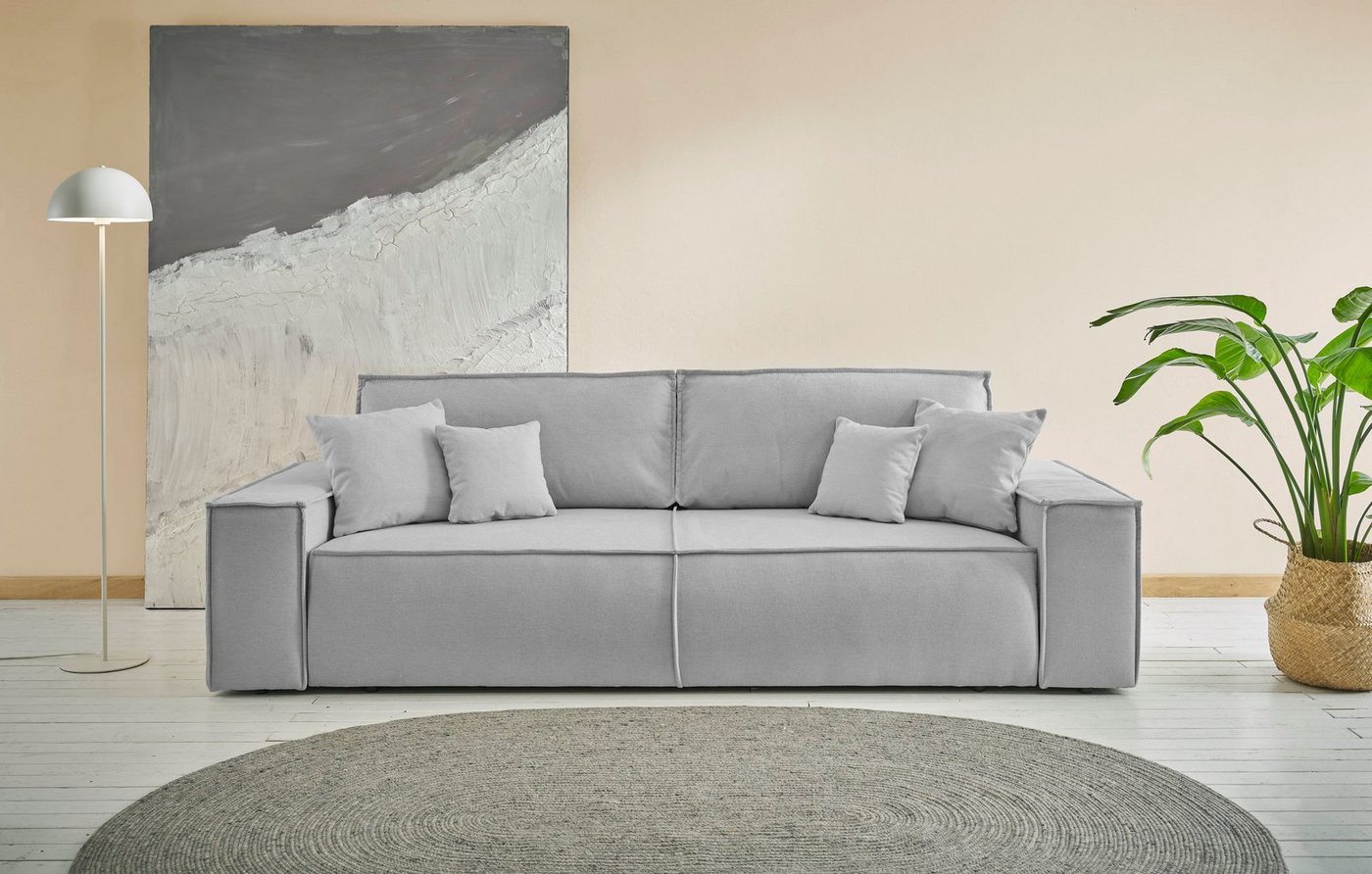 andas 3-Sitzer FINNLEY Schlafsofa 257 cm, Schlaffunktion mit Bettkasten (200/136cm), in Aqua Clean-Bouclé u. Struktur fein von andas