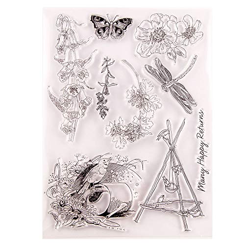 arriettycraft Many Happy Returns Blumen Gänseblümchen Vogel Campanula Schmetterling Libelle Clear Stempel für Kartenherstellung Dekoration und DIY Scrapbooking von arriettycraft