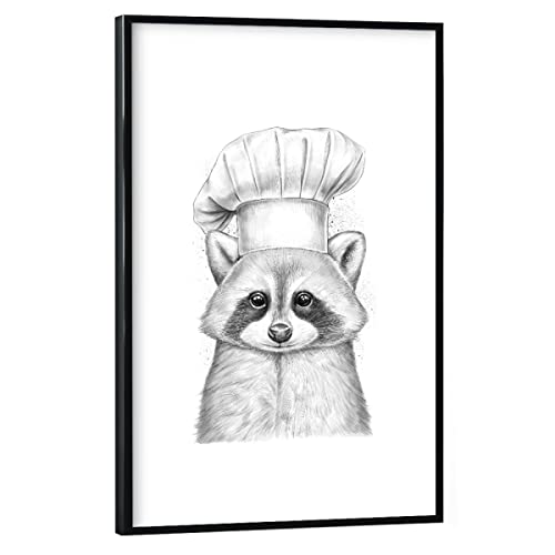 artboxONE Poster mit schwarzem Rahmen 60x40 cm Natur Raccoon Cook - Bild waschbär Hut koch von artboxONE