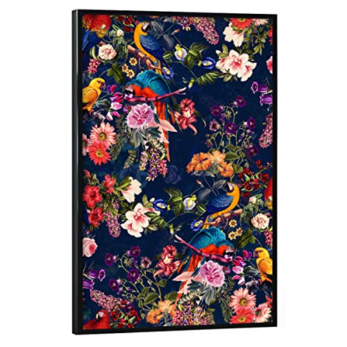 artboxONE Poster mit schwarzem Rahmen 90x60 cm Natur Blumen- und Vogelnacht - Bild Blumen Blumen Dschungel von artboxONE