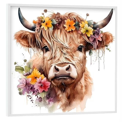 artboxONE Poster mit weißem Rahmen 50x50 cm Natur Hochlandkuhgesicht A - Bild Kuh Blume Blumen von artboxONE