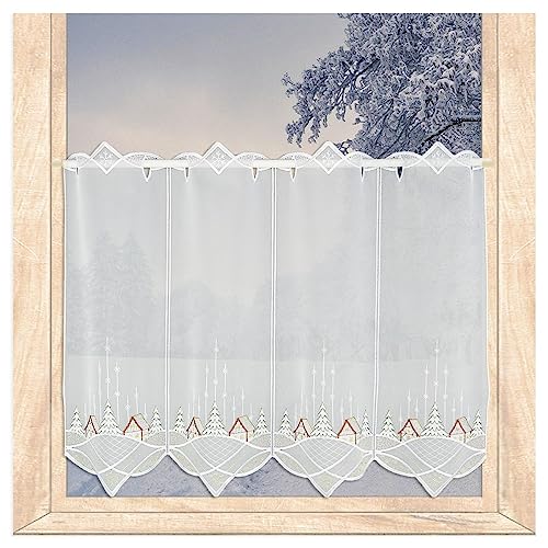 Attraktiver Winter- und Weihnachts-Scheibenhänger Winterdorf bestickte Scheibengardine aus Plauener Spitze 45 cm hoch (Höhe x Breite: 45 x 80 cm) von atelier alles-Spitze