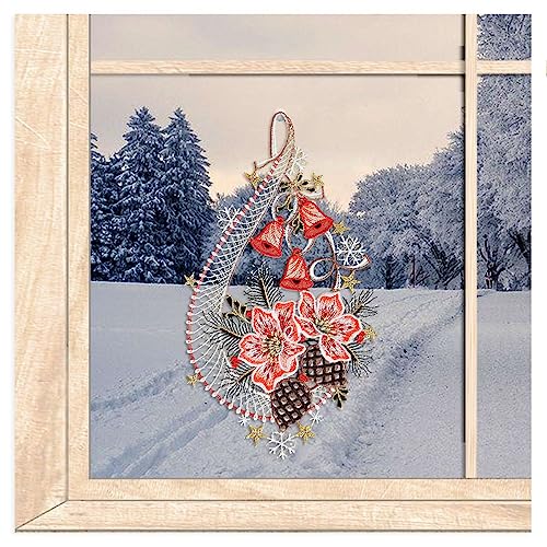 Winter-Fensterbild Christrosen mit Zapfen Fensterdekoration gestickt aus echter Plauener Spitze 35 x 20 cm von atelier alles-Spitze