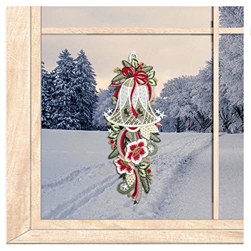 Winter-Fensterbild Glocke mit Blüten Fensterdekoration gestickt aus echter Plauener Spitze 39 x 17 cm von atelier alles-Spitze
