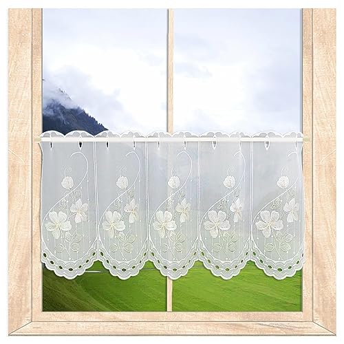 Zarte Blütenträume – Scheibengardine BUSCHWINDRÖSCHEN feine Blumen-Stickerei aus Echter Plauener Spitze Pannaux 35 x 96 cm von atelier alles-Spitze