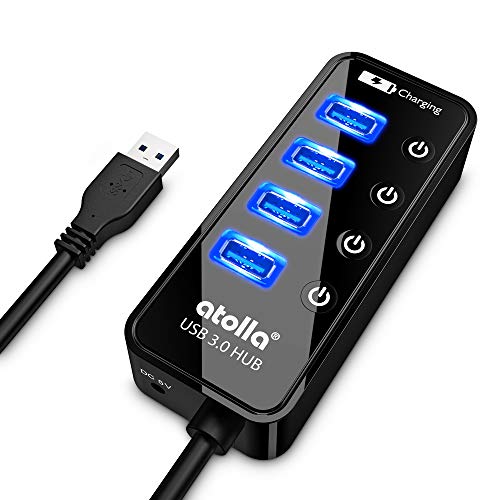 USB Hub, atolla USB Verteiler mit 4 Ports, USB 3.0 Datenhub mit Einzelschalter, LED-Anzeige und 5V-Stromanschluss, 60cm Kabel von atolla