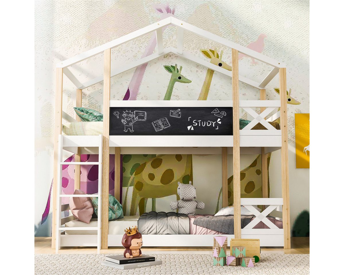 autolock Kinderbett Etagenbett Baumhaus mit Leiter 90 x 200 cm,Hochbett für Kinder, kinderbett mit 2x Lattenrost- Natur & Weiß von autolock