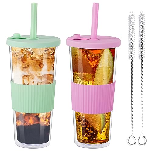 autumndeer Boba-Becher mit Strohhalm und Deckel, doppelwandig, isoliert, wiederverwendbar, Kunststoff, auslaufsicher, breiter Strohhalm für Bubble Tea, Boba Eiskaffee, Grün und Rosa, 680 ml, 2 Stück von autumndeer