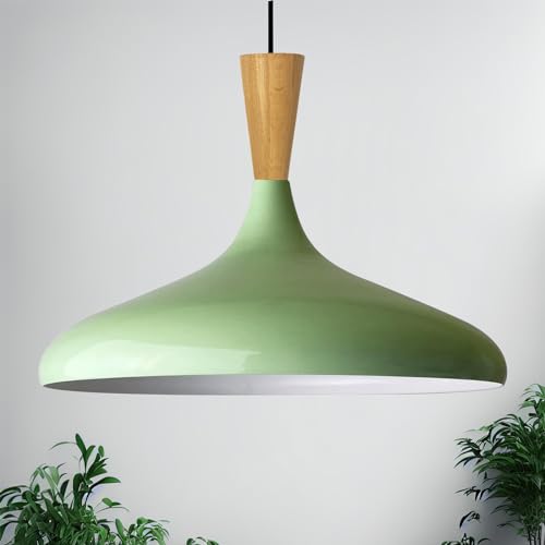 bamyum Champion Pendelleuchte aus Holz, 35 cm Hängelampe Metall E27 Moderne Esstisch Lampe, Skandinavisch Pendellampe für Schlafzimmer Wohnzimmer Küche Esstisch, Küchenlampe Hängend Minzgrün von bamyum