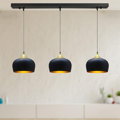 bamyum Kreis Pendelleuchte Esstisch 3 Flammig Schwarz Gold Ø30 cm, Hängelampe Esstisch Vintage E27 Esstischlampe, Lampenschirm Hängelampe Schwarz Gold, Pendelleuchte Esstisch Wohnzimmer Esszimmerlampe von bamyum