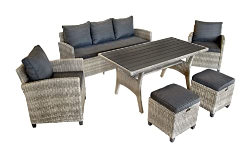 BELLAVISTA Garten Sitzgruppe Madeira II - Grau, Polyrattan, für 7 Personen, Wetterfest, Gartenmöbel-Set 6 teilig mit Sofa, Tisch, 2 Sessel, 2 Hocker von BELLAVISTA