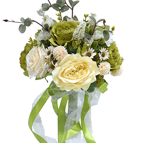 Belupai 9,8 Zoll Künstliche Rosen, Braut-Brautstrauß, Handgefertigter Seidenrosen-Hochzeitsstrauß, Romantischer Brautjungfern-Blumenstrauß, Gefälschter Rosen-Wurf-Blumenstrauß für(Grün) von belupai