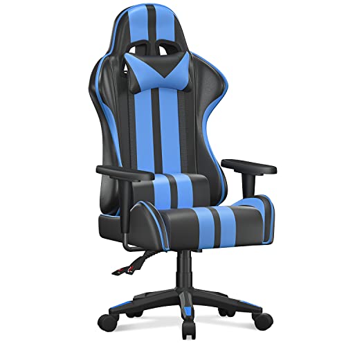 bigzzia Gaming Stuhl Computerstuhl Ergonomisch - Gamer Stühle mit Lendenkissen + Kopfstütze Höhenverstellbar Gaming Chair für Mädchen Junge Erwachsene, Schwarz-Blau von bigzzia