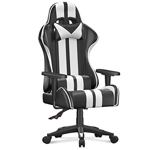 bigzzia Gaming Stuhl Computerstuhl Ergonomisch - Gamer Stühle mit Lendenkissen + Kopfstütze Höhenverstellbar Gaming Chair für Mädchen Junge Erwachsene, Schwarz-Weiß von bigzzia