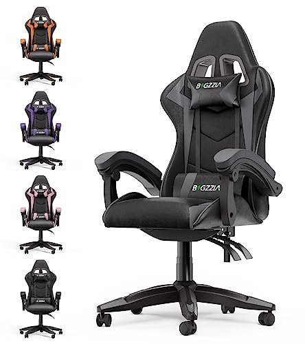 bigzzia Gaming Stuhl Ergonomisch - Gamer Stühle mit Lendenkissen + Kopfstütze Gaming Chair Höhenverstellbar Bürostuhl Computerstuhl für Erwachsene Mädchen Junge, Schwarz-Grau von bigzzia