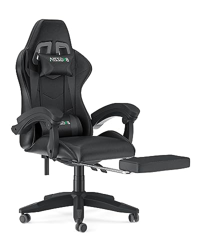 bigzzia Gaming Stuhl mit Fußstütze - Gamer Stühle Ergonomisch mit Lendenkissen + Kopfstütze Gaming Chair Höhenverstellbar Computerstuhl für Erwachsene Mädchen Junge, Schwarz von bigzzia