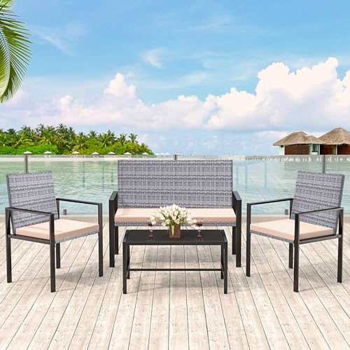 bigzzia Gartenmöbel Set, Rattan Garten Terrasse Outdoor Möbel 4 Teilig Set, einschließlich 2 Sessel, 1 Doppelsitzsofa mit stabilem Stahlgriff und 1 Tisch aus gehärtetem Glas, Grau von bigzzia