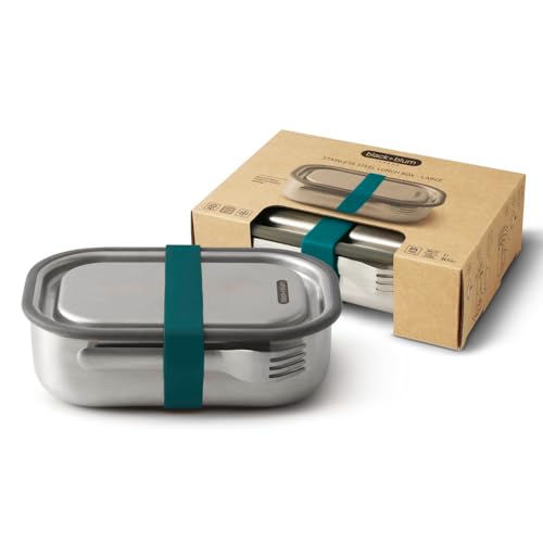 BLACK + BLUM Lunchbox Edelstahl 1L | Ozean | 3-in-1 | Vakuumverschluss- 100% auslaufsicher | inkl. Göffel, Silikonband & Innenteiler | Ofen-& Gefriergeeignet | 20x14x6 cm | Brotdose mit Fächern von BLACK + BLUM