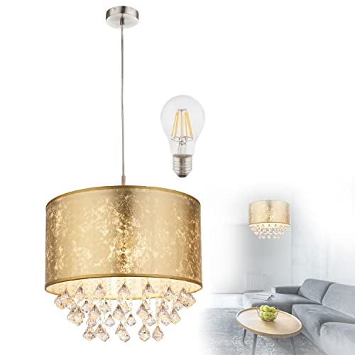 bmf-versand Hängelampe Esstisch Modern mit LED - Hängeleuchte Vintage Wohnzimmer - Pendelleuchte 1 Flammig E27 - Pendellampe Gold Metallic Stoff - Kristall Diamant Design 40 cm von bmf-versand