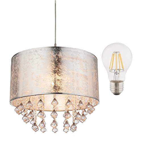 bmf-versand Hängelampe Esstisch Modern mit LED - Hängeleuchte Vintage Wohnzimmer - Pendelleuchte 1 Flammig E27 - Pendellampe Grau Metallic Stoff - Kristall Silber Diamant Design Ø 40 cm von bmf-versand