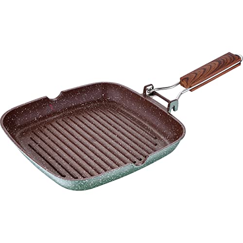 bmf-versand® Grillfanne Induktion Eckig Grün - Grüne Eckige Bratpfanne 24 cm Antihaftbeschichtung - Pfanne Aluminium Induktionsfähig - Steakpfanne Leicht mit einklappbaren Griff von bmf-versand