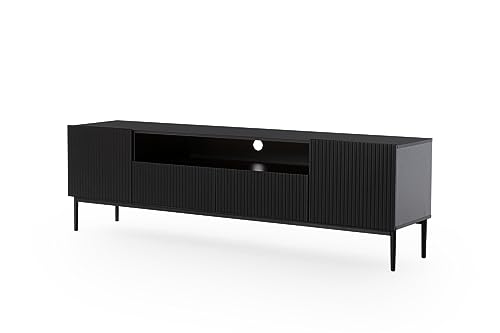 bogart TV Lowboard Nicole 200 cm mit 4 Klappen/Türen, offenes Fach, Griffloses Öffnungssystem, Schwarz Metallfüße, Fernsehtisch, Sideboard, Fernsehschrank, TV Tisch, TV Schrank, TV Bank von bogart