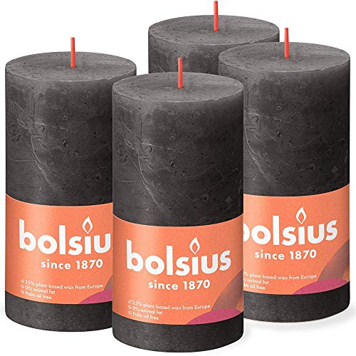 Bolsius Rustik Stumpenkerzen - Anthrazit - Set 4 Stück - Länge Brenndauer 60 Stunden - Unparfümierte - Natürliches Pflanzenwachts - Ohne Palmöl - 13 x 7 cm von bolsius